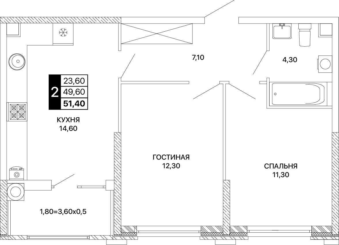2-комнатная 51 м2 в ЖК Сияние корпус null этаж 2