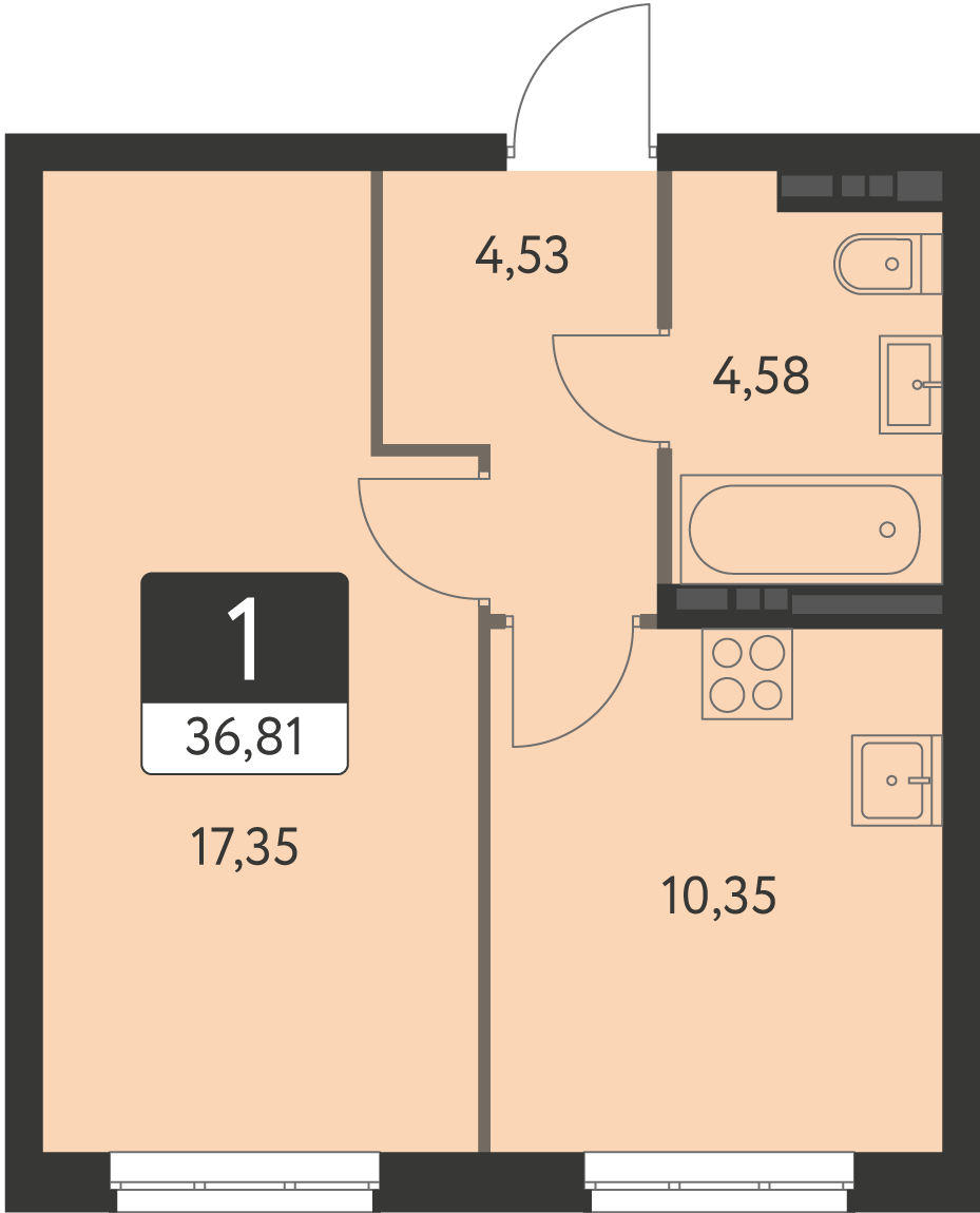 1-комнатная 36 м2 в ЖК Спутник-1 корпус null этаж 6