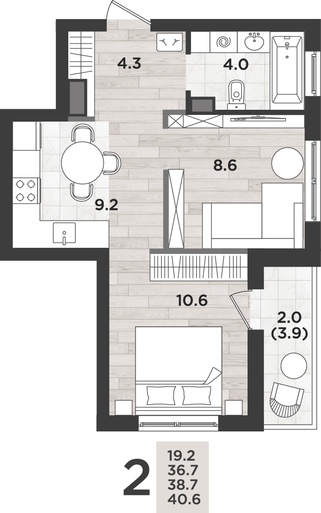 2-комнатная 38 м2 в ЖК Альпенштадт корпус null этаж 3