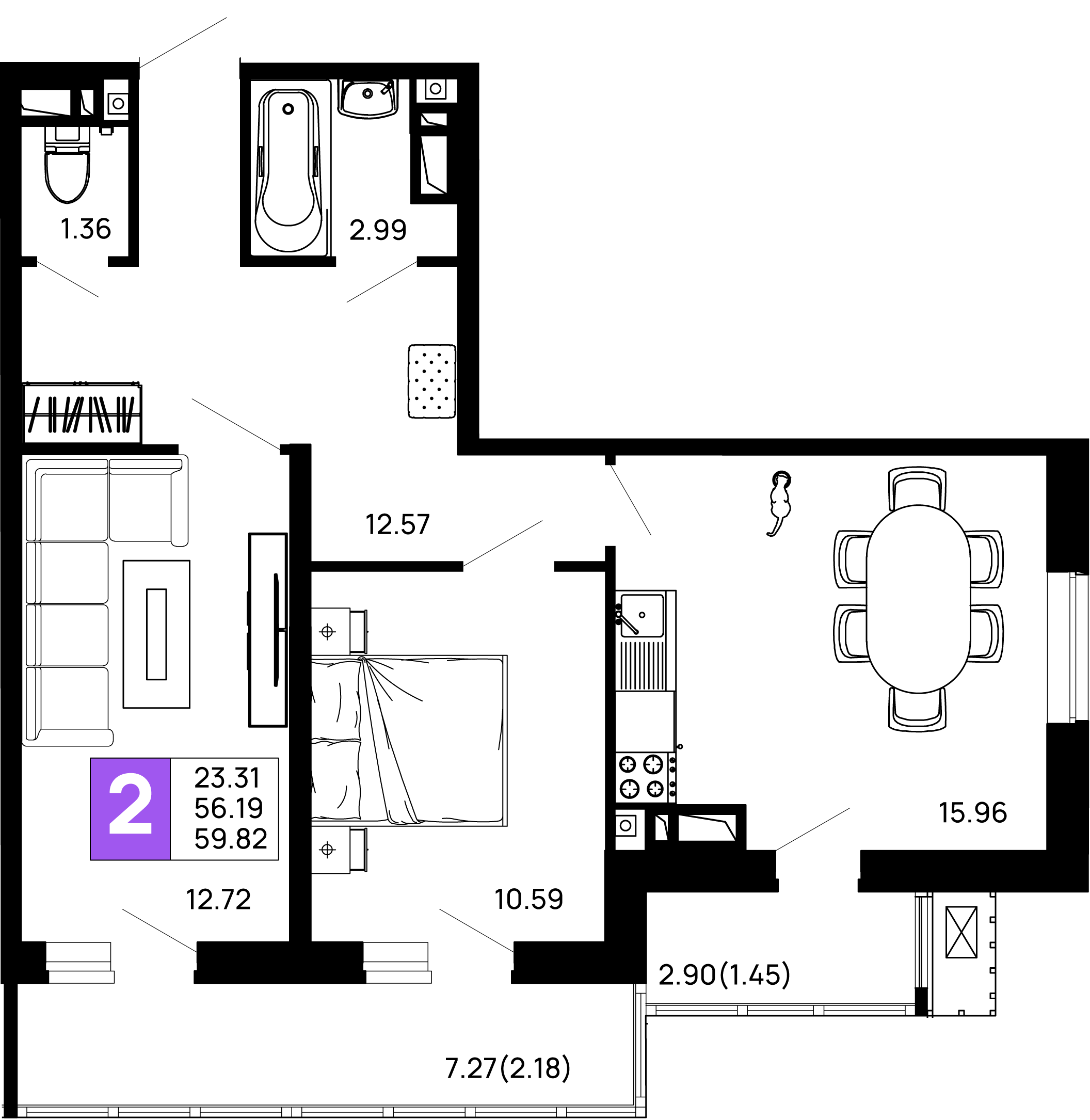 2-комнатная 59 м2 в ЖК Долина корпус null этаж 7