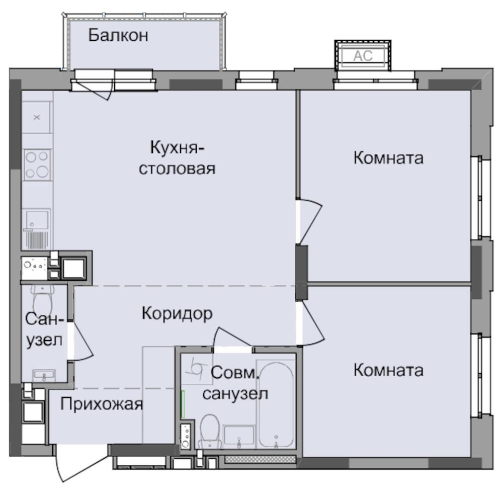 2-комнатная 55 м2 в ЖК Истории корпус null этаж 7
