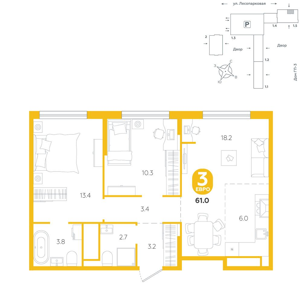 2-комнатная 61 м2 в ЖК Чистые пруды корпус null этаж 24