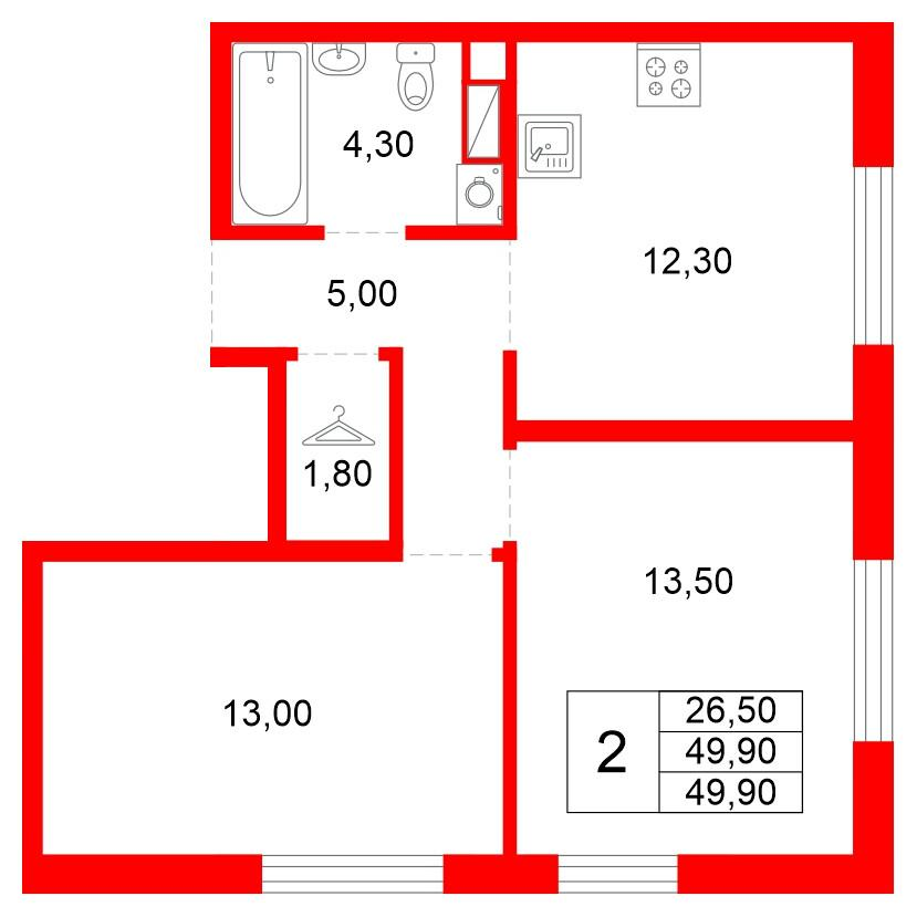 2-комнатная 49 м2 в ЖК PLUS Пулковский корпус null этаж 2