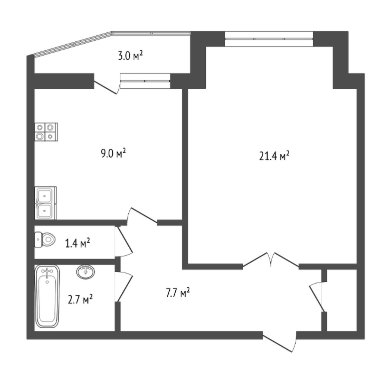 1-комнатная 43.2 м2 в ЖК undefined корпус null этаж 7