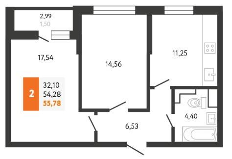 2-комнатная 56 м2 в ЖК undefined корпус null этаж 25