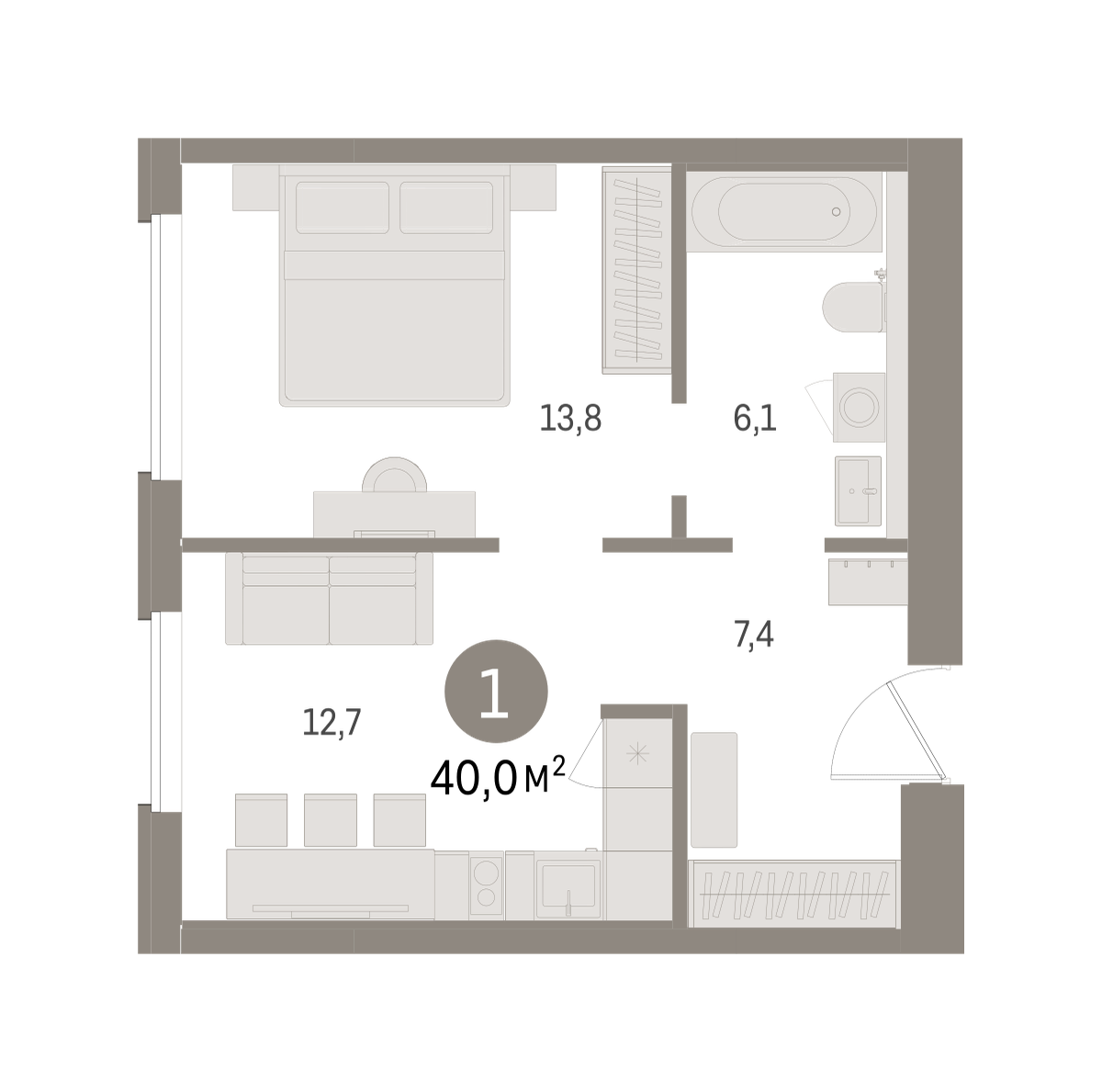 1-комнатная 40 м2 в ЖК Северный ветер корпус null этаж 7