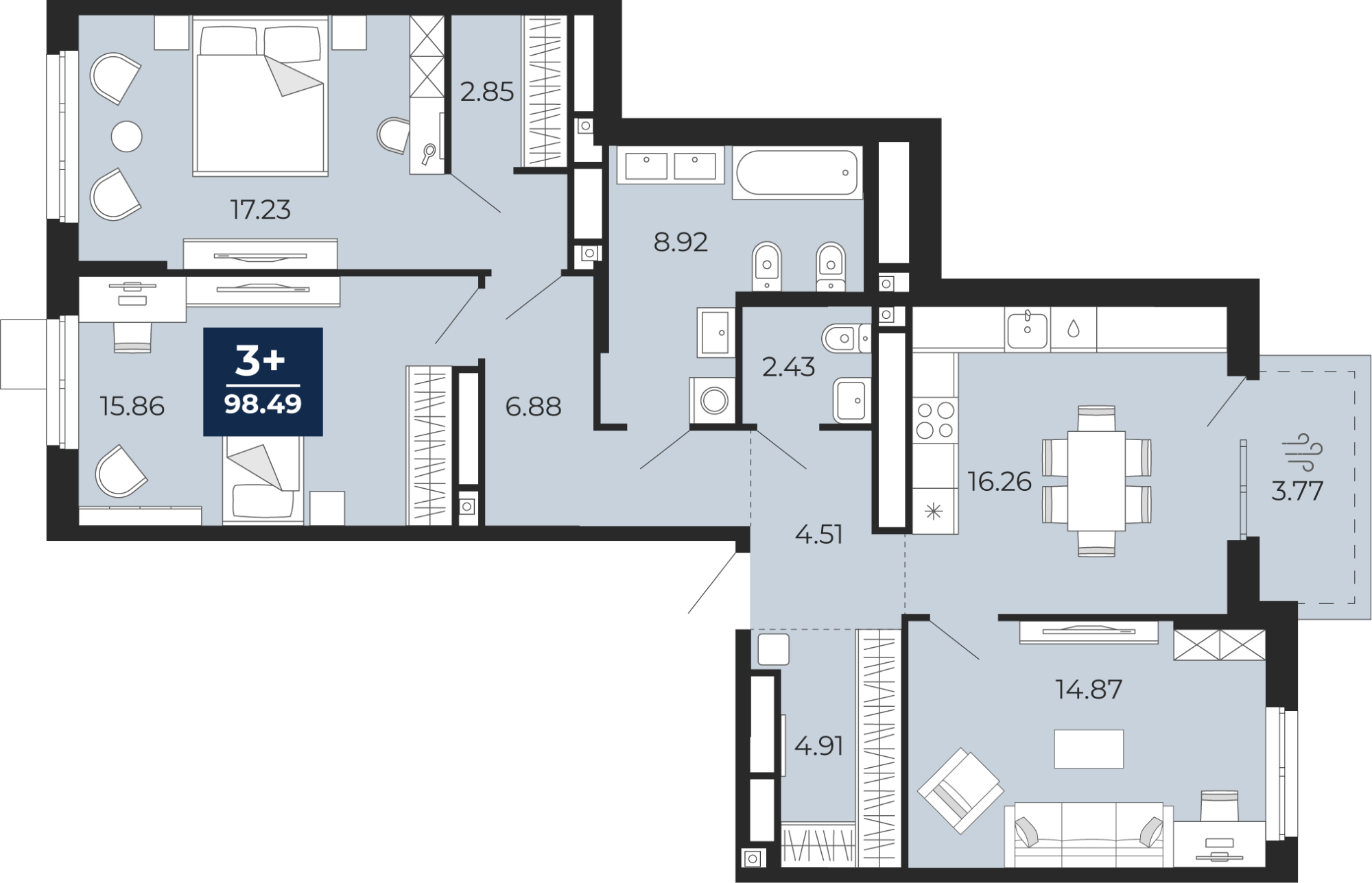 3-комнатная 94 м2 в ЖК Мириады корпус null этаж 15