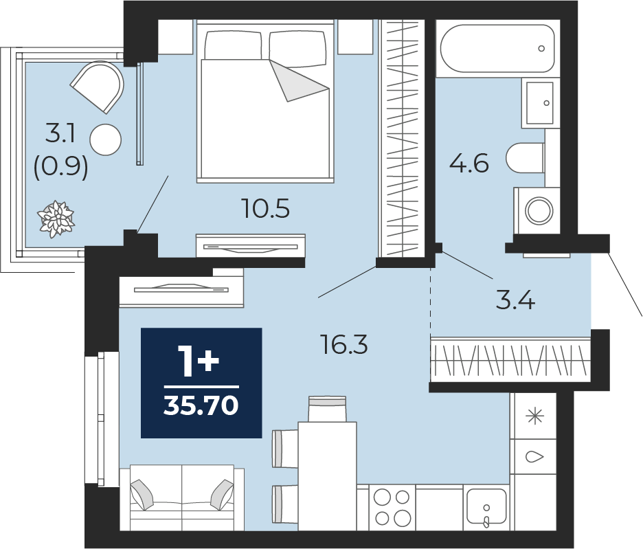 1-комнатная 34 м2 в ЖК Мириады корпус null этаж 12