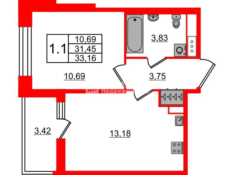 1-комнатная 31 м2 в ЖК Астра Континенталь корпус null этаж 3