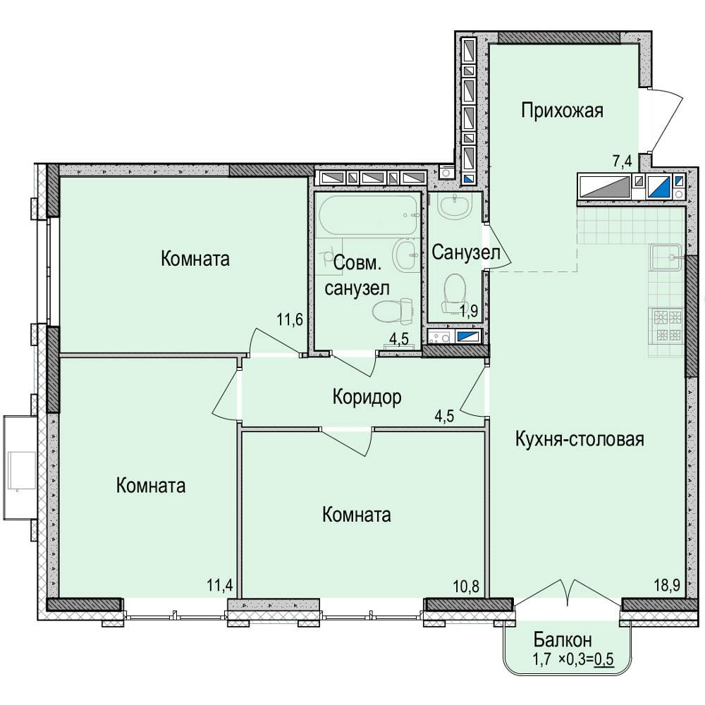 3-комнатная 72 м2 в ЖК Невский корпус null этаж 3