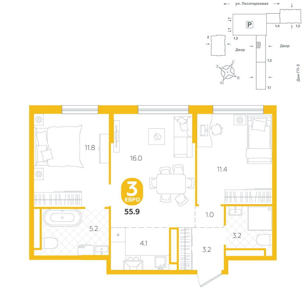 2-комнатная 55 м2 в ЖК Чистые пруды корпус null этаж 13