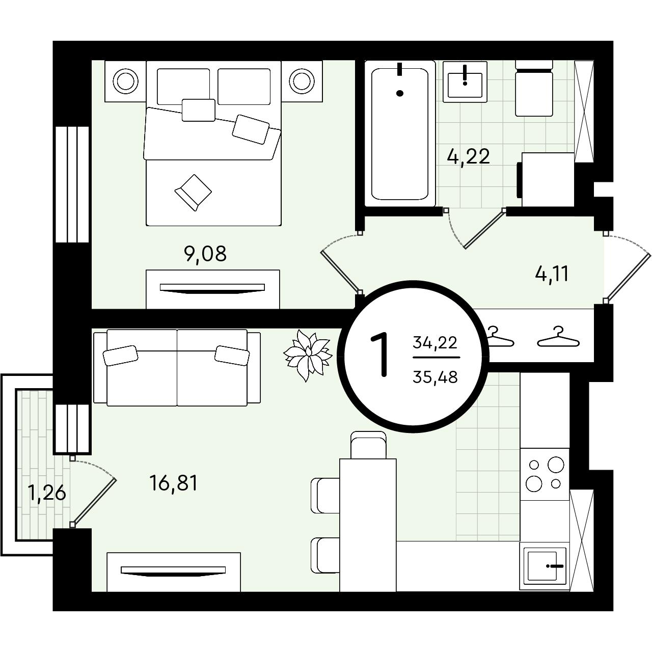 1-комнатная 35 м2 в ЖК Зеленые Аллеи корпус null этаж 4
