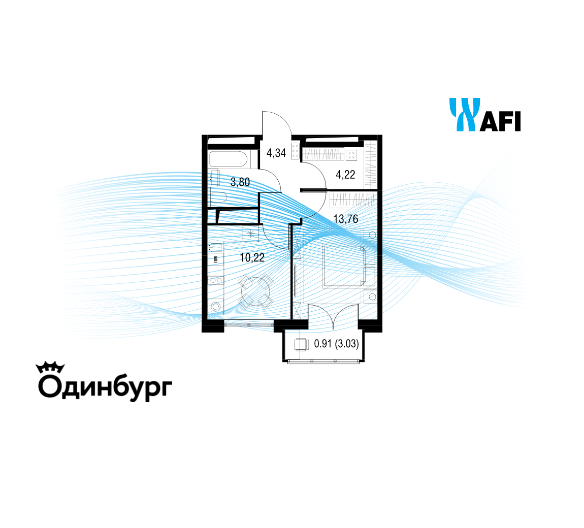 1-комнатная 37 м2 в ЖК Одинбург корпус null этаж 18