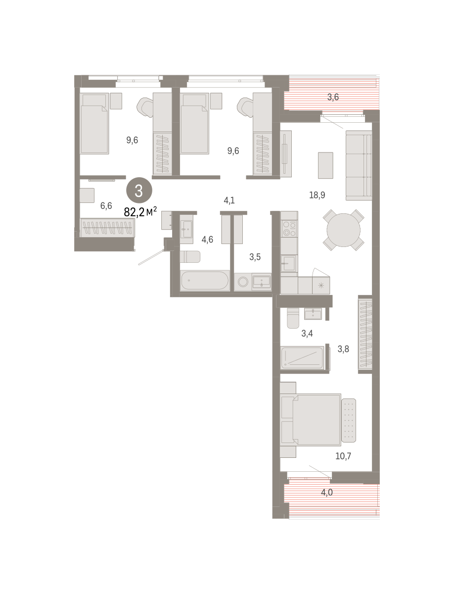 3-комнатная 82 м2 в ЖК Республики 205 корпус null этаж 9