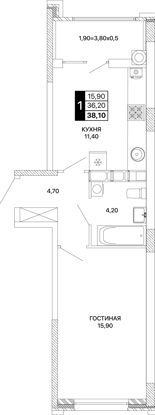 1-комнатная 38 м2 в ЖК Сияние корпус null этаж 11