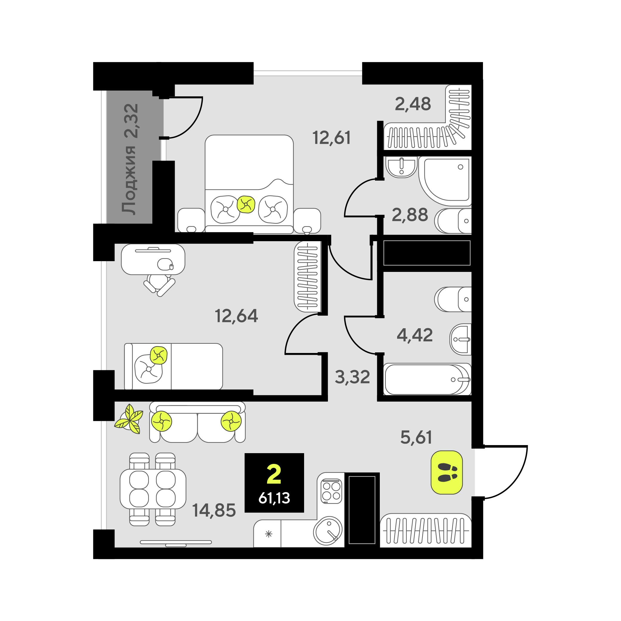 2-комнатная 61 м2 в ЖК Мотивы корпус null этаж 3