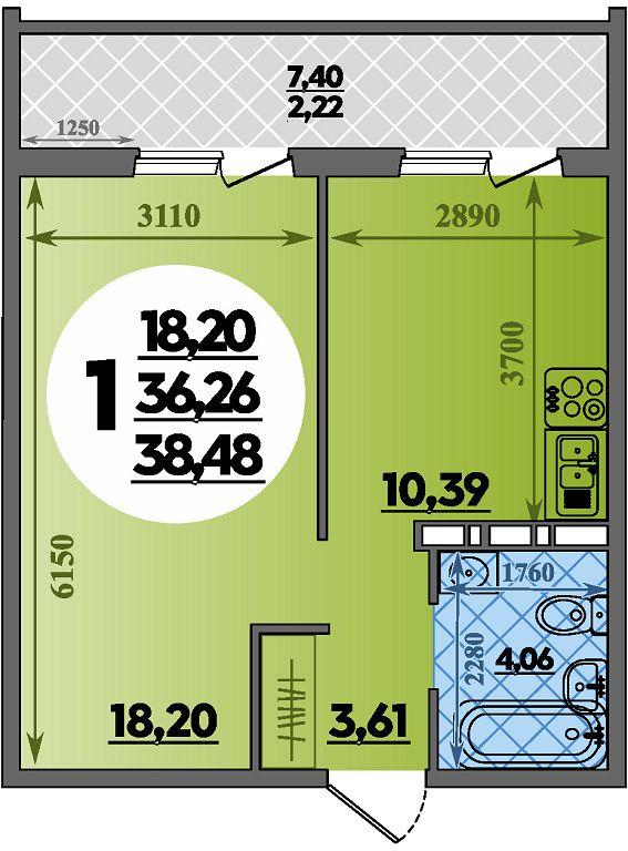1-комнатная 38 м2 в ЖК Восточный корпус null этаж 11