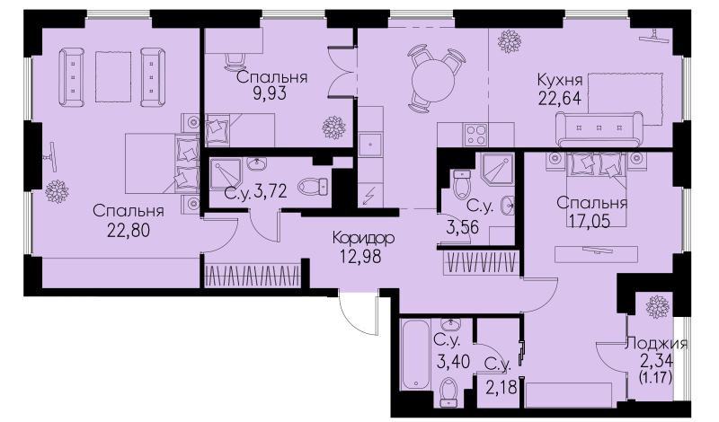 3-комнатная 99 м2 в ЖК ID Park Pobedy корпус null этаж 10