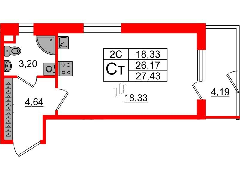 Студия 26 м2 в ЖК Парадный ансамбль корпус null этаж 1