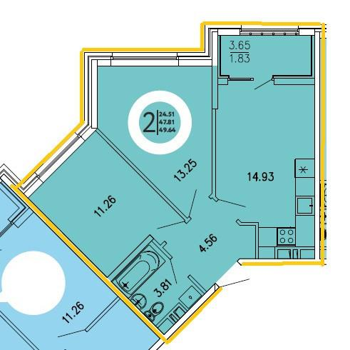 2-комнатная 49.7 м2 в ЖК undefined корпус null этаж 4