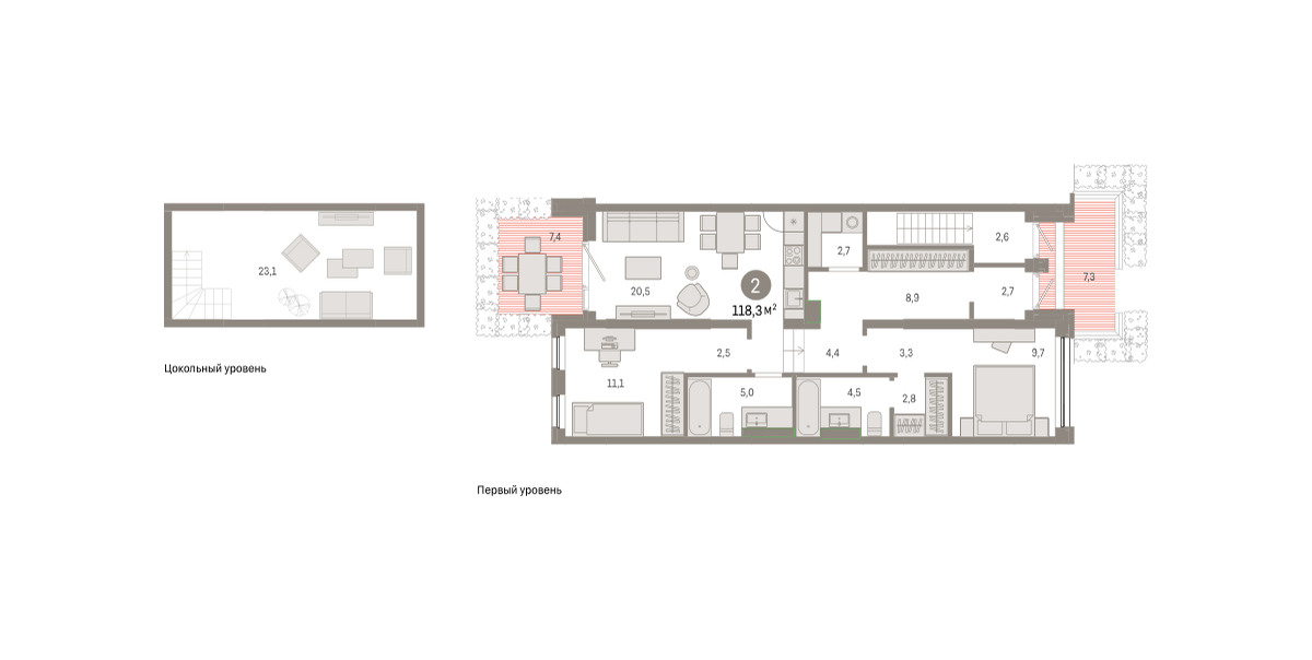 2-комнатная 115 м2 в ЖК Зарека корпус null этаж 1