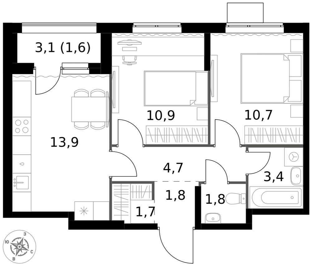2-комнатная 50 м2 в ЖК 1-й Измайловский корпус null этаж 6