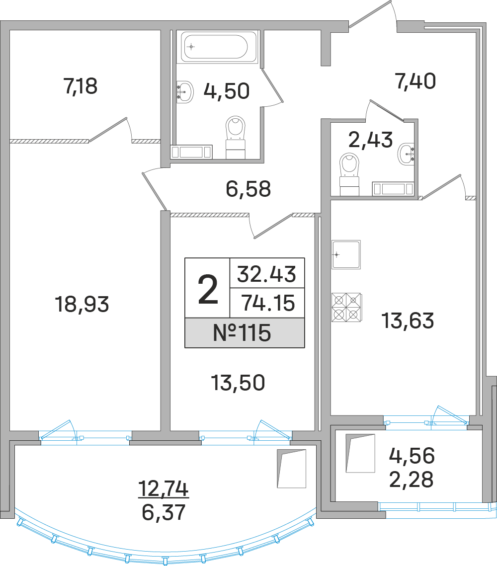 2-комнатная 73 м2 в ЖК Дом‐Мегалит в Королёве корпус null этаж 12