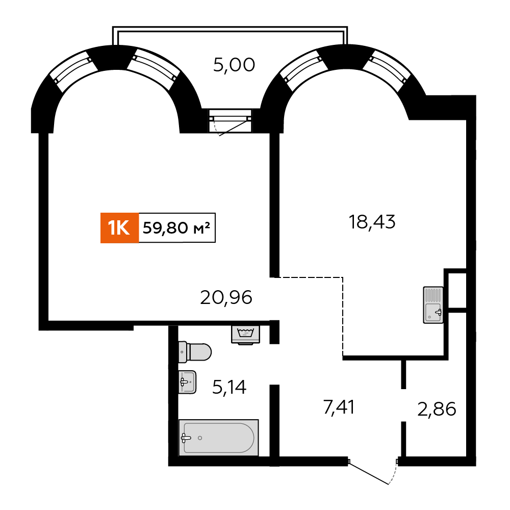 1-комнатная 59 м2 в ЖК Аккорд корпус null этаж 2