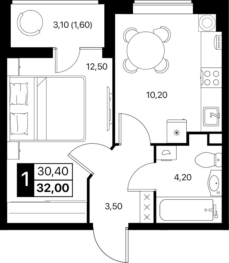 1-комнатная 32 м2 в ЖК Эстет корпус null этаж 2
