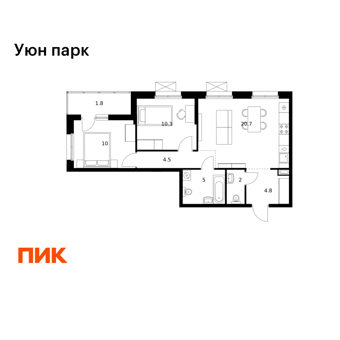 2-комнатная 59 м2 в ЖК Уюн парк корпус null этаж 10