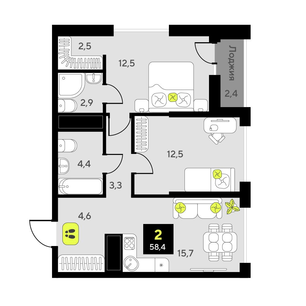 2-комнатная 58 м2 в ЖК Мотивы корпус null этаж 10