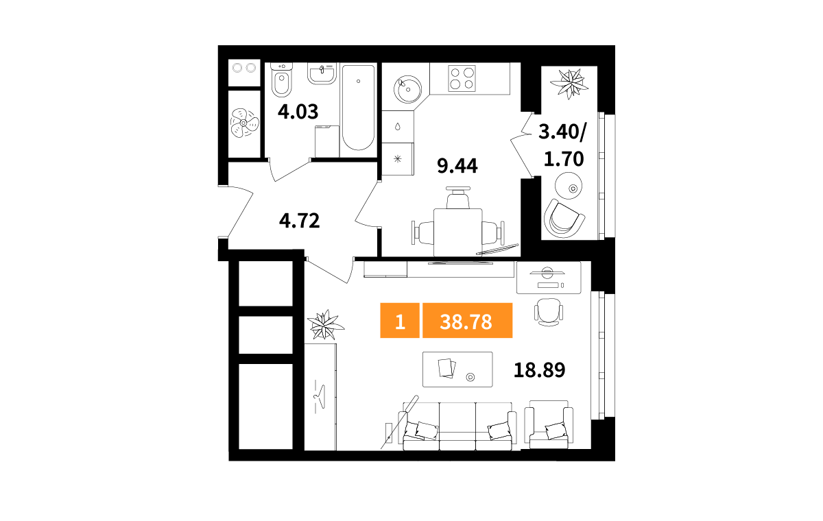 1-комнатная 38 м2 в ЖК Планерный квартал корпус null этаж 4