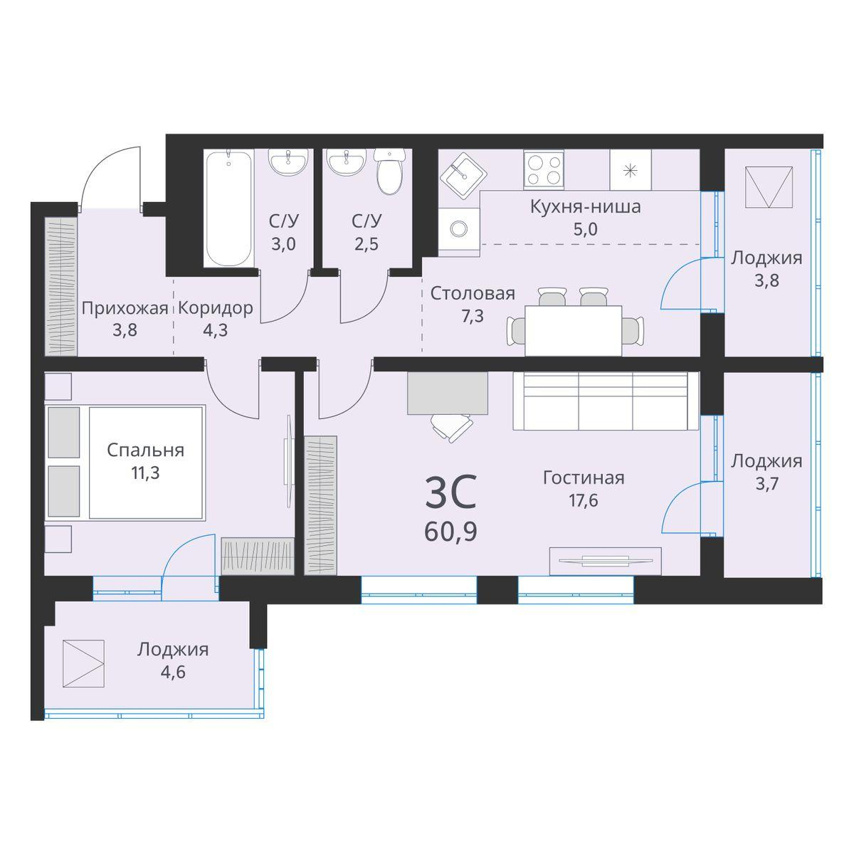 3-комнатная 60 м2 в ЖК Виноград корпус null этаж 15