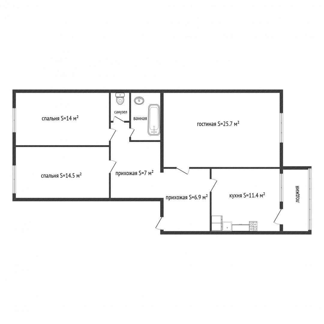 3-комнатная 85.2 м2 в ЖК undefined корпус null этаж 4