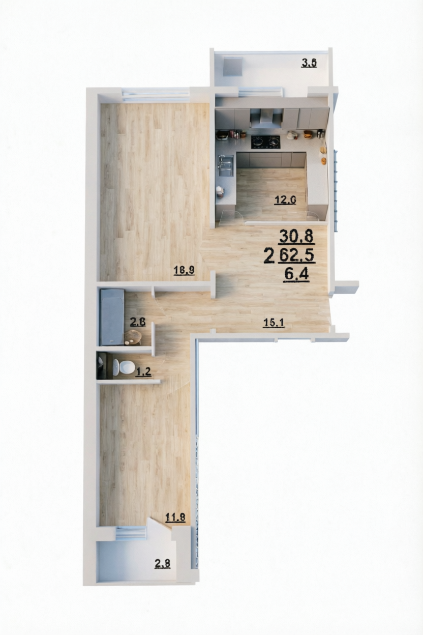 2-комнатная 62.8 м2 в ЖК undefined корпус null этаж 6