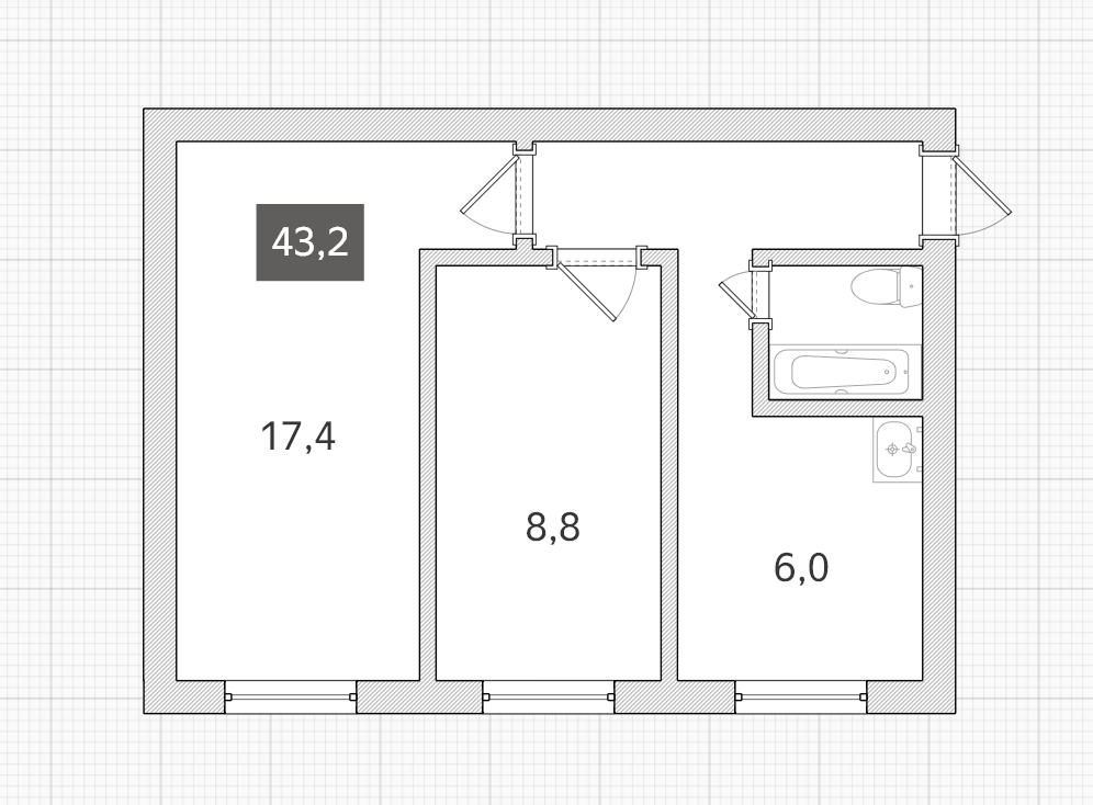 2-комнатная 43.2 м2 в ЖК undefined корпус null этаж 1