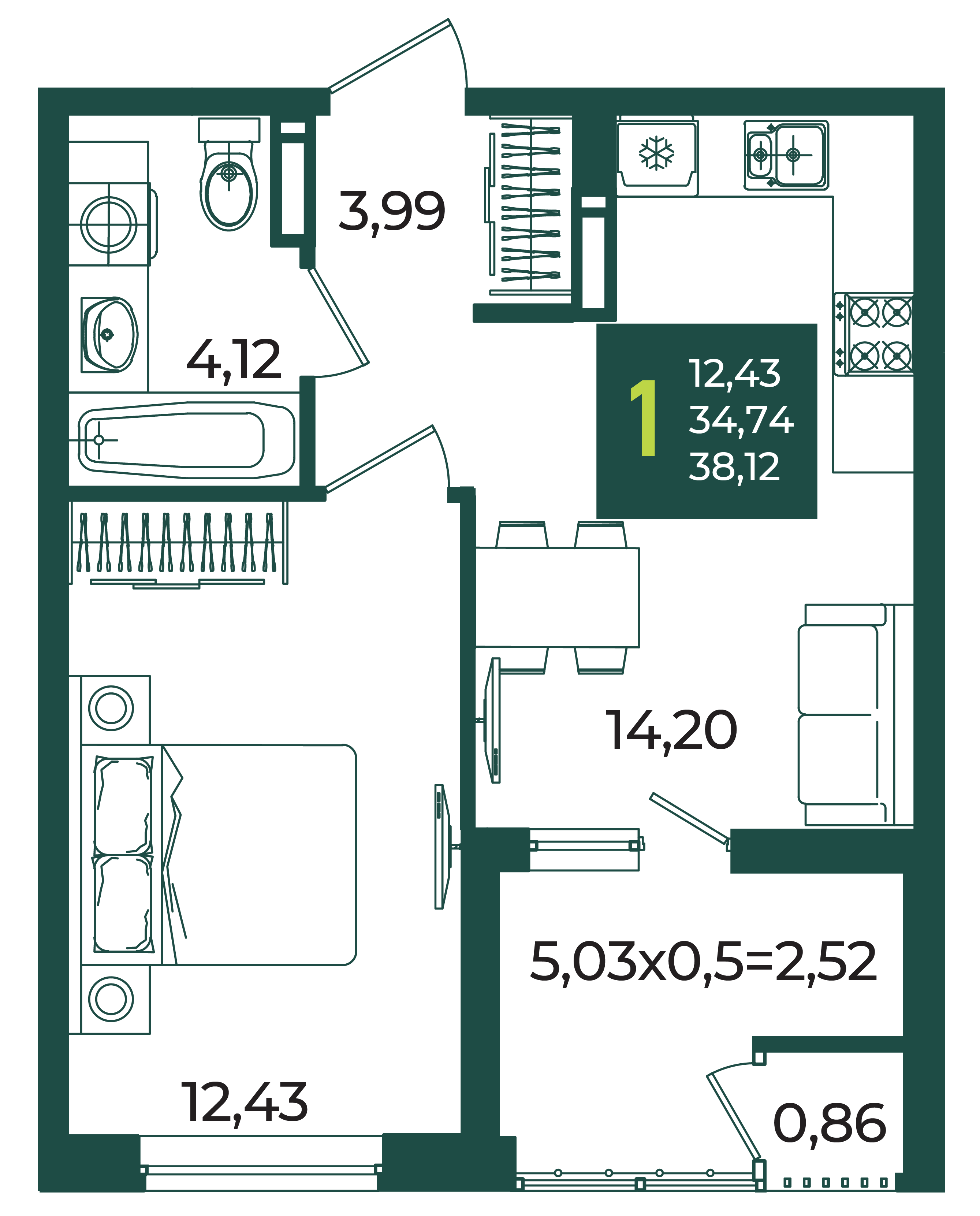 1-комнатная 38 м2 в ЖК Образцово корпус null этаж 15
