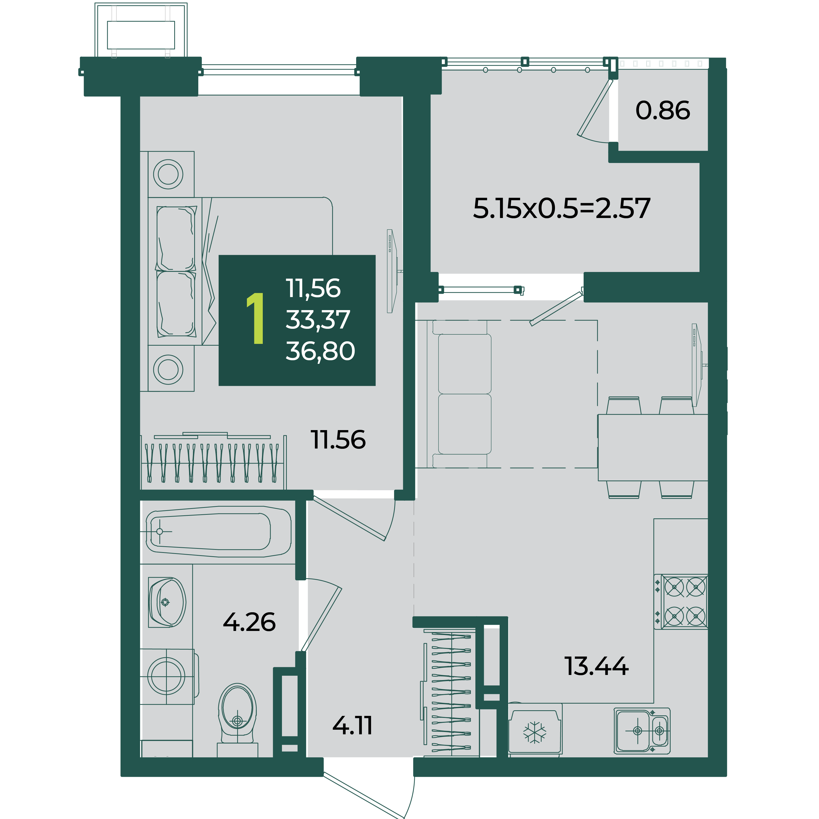 1-комнатная 36 м2 в ЖК Образцово корпус null этаж 10