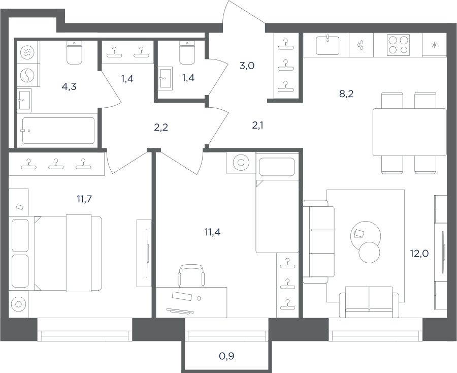 3-комнатная 58 м2 в ЖК Равновесие корпус null этаж 5