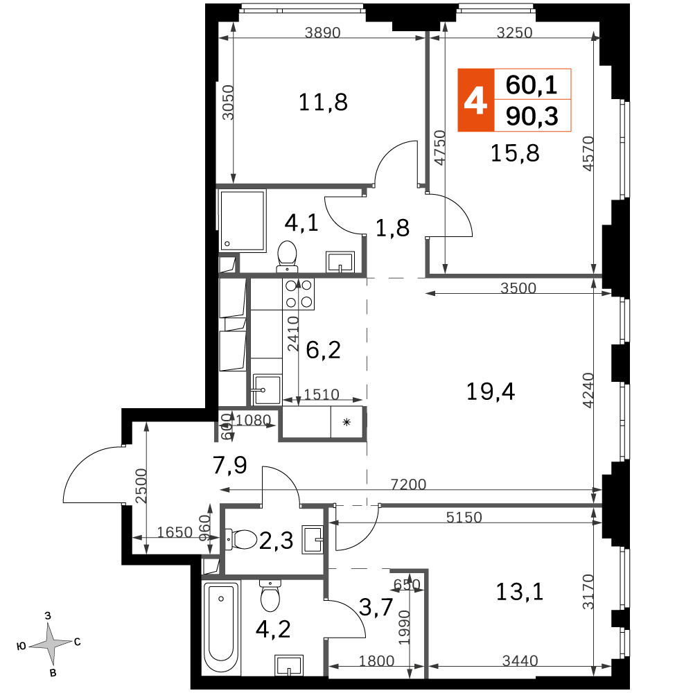 4-комнатная 90 м2 в ЖК Sydney City корпус null этаж 25