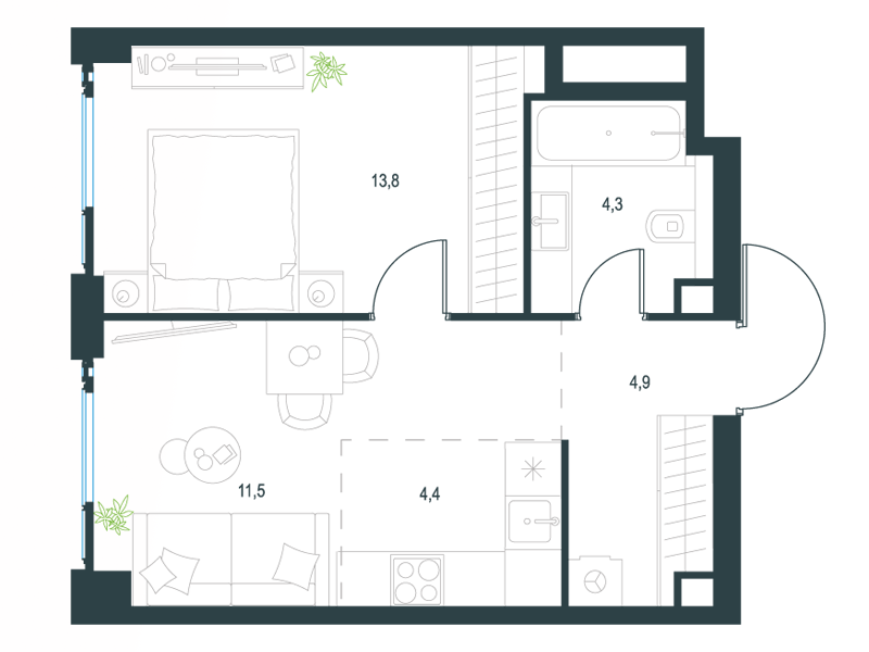 2-комнатная 39 м2 в ЖК Level Мичуринский корпус null этаж 4
