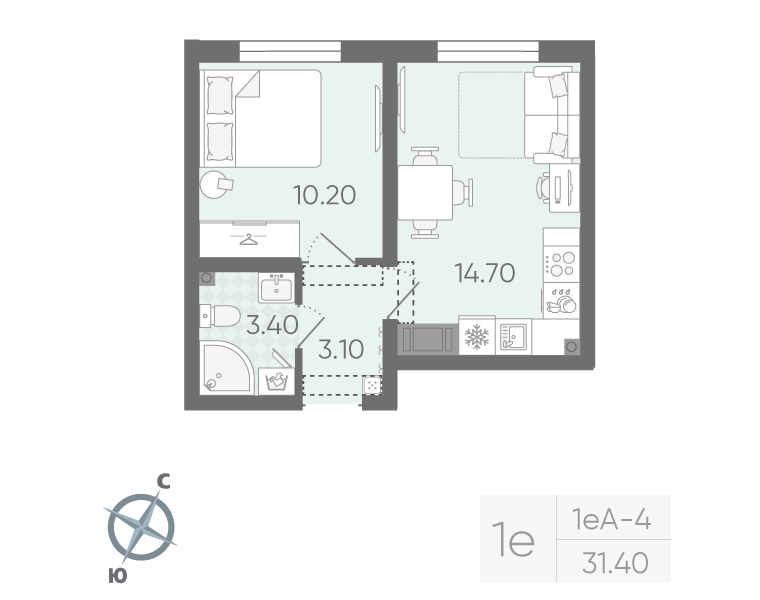1-комнатная 31 м2 в ЖК Ручьи (2 оч.) корпус null этаж 21