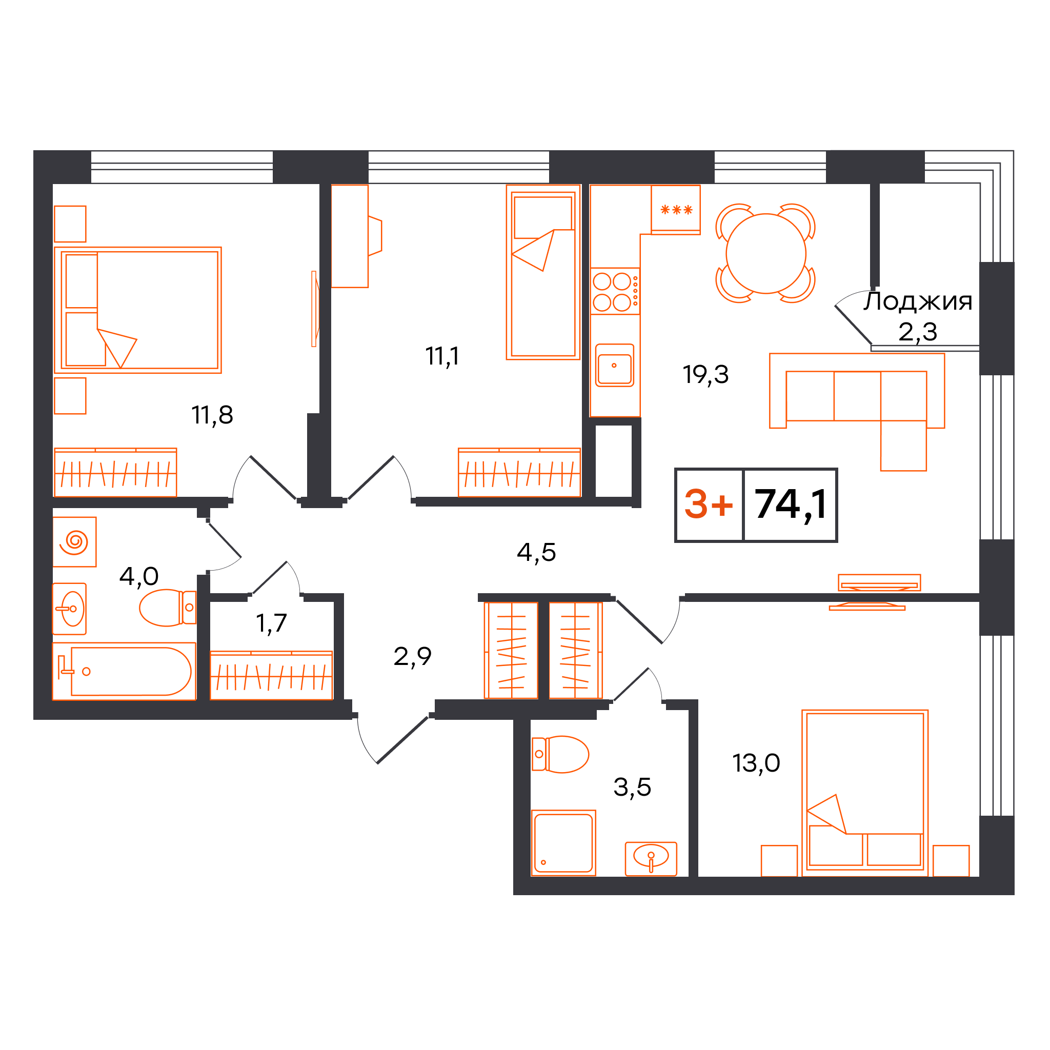 3-комнатная 74 м2 в ЖК УНО. Умный квартал корпус null этаж 17