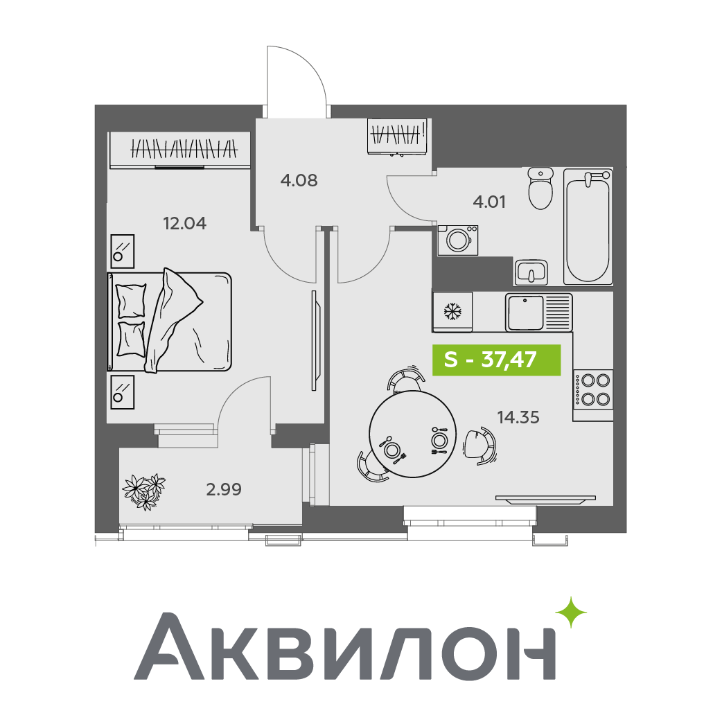 Студия 37 м2 в ЖК Аквилон АКВАРТАЛ корпус null этаж 14