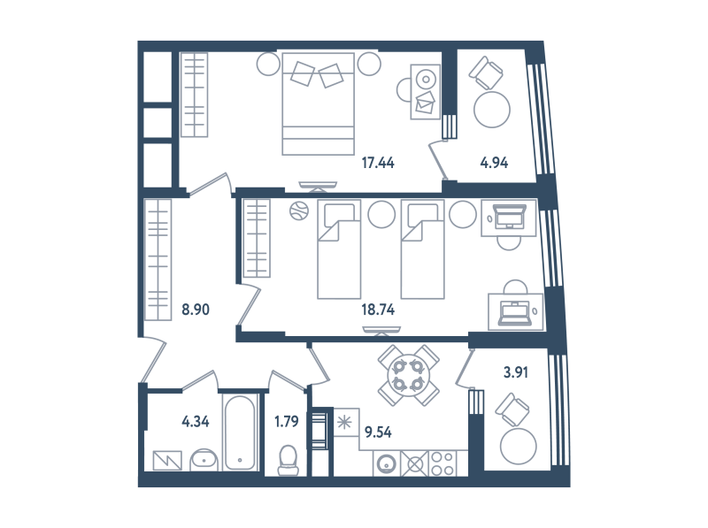 2-комнатная 65 м2 в ЖК Мир внутри корпус null этаж 4