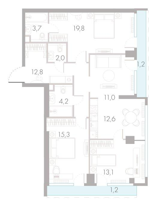 3-комнатная 96 м2 в ЖК River Park Towers Кутузовский корпус null этаж 10