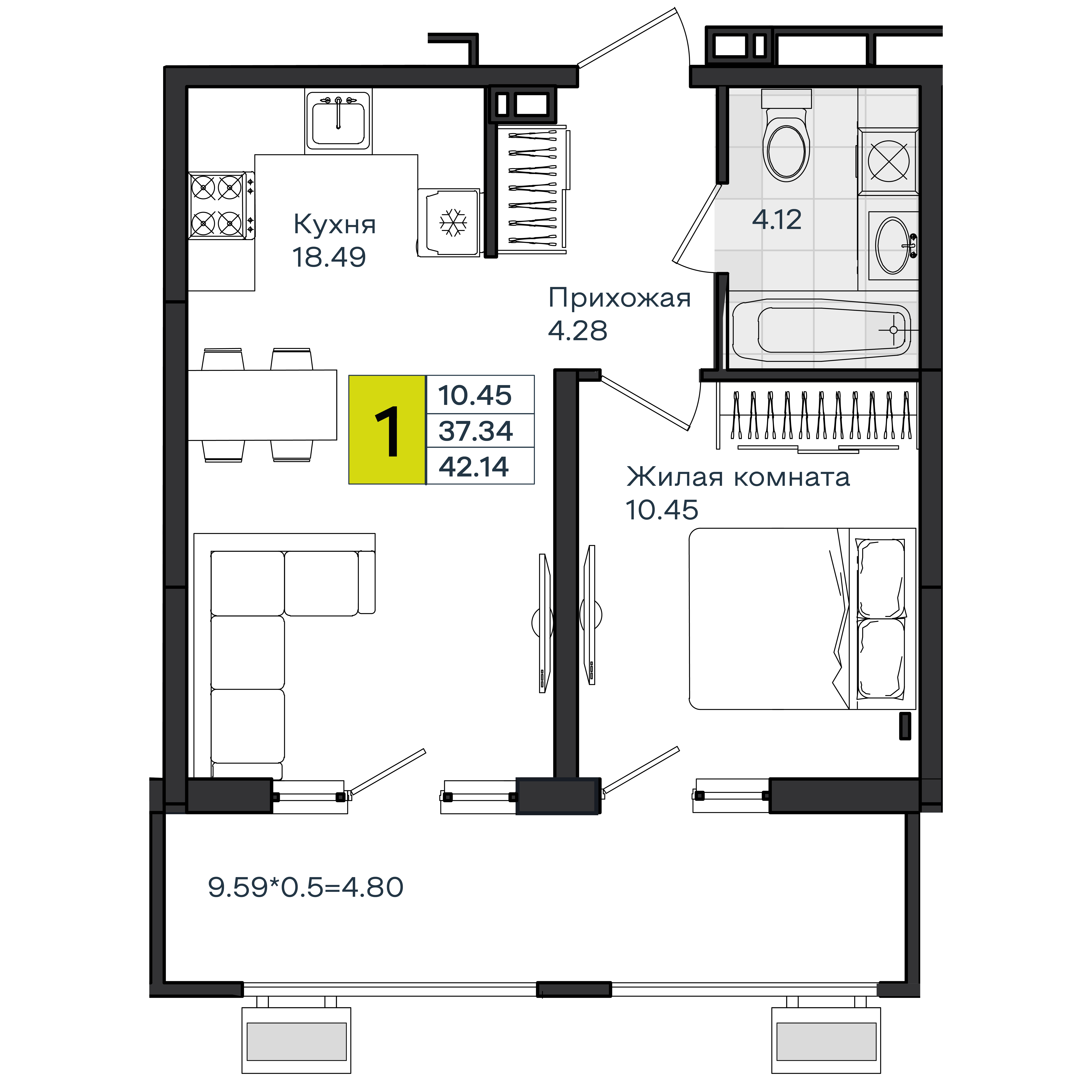 1-комнатная 42 м2 в ЖК МОНО Квартал корпус null этаж 5