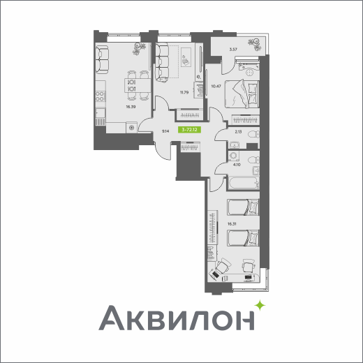 3-комнатная 72 м2 в ЖК Аквилон АКВАРТАЛ корпус null этаж 7