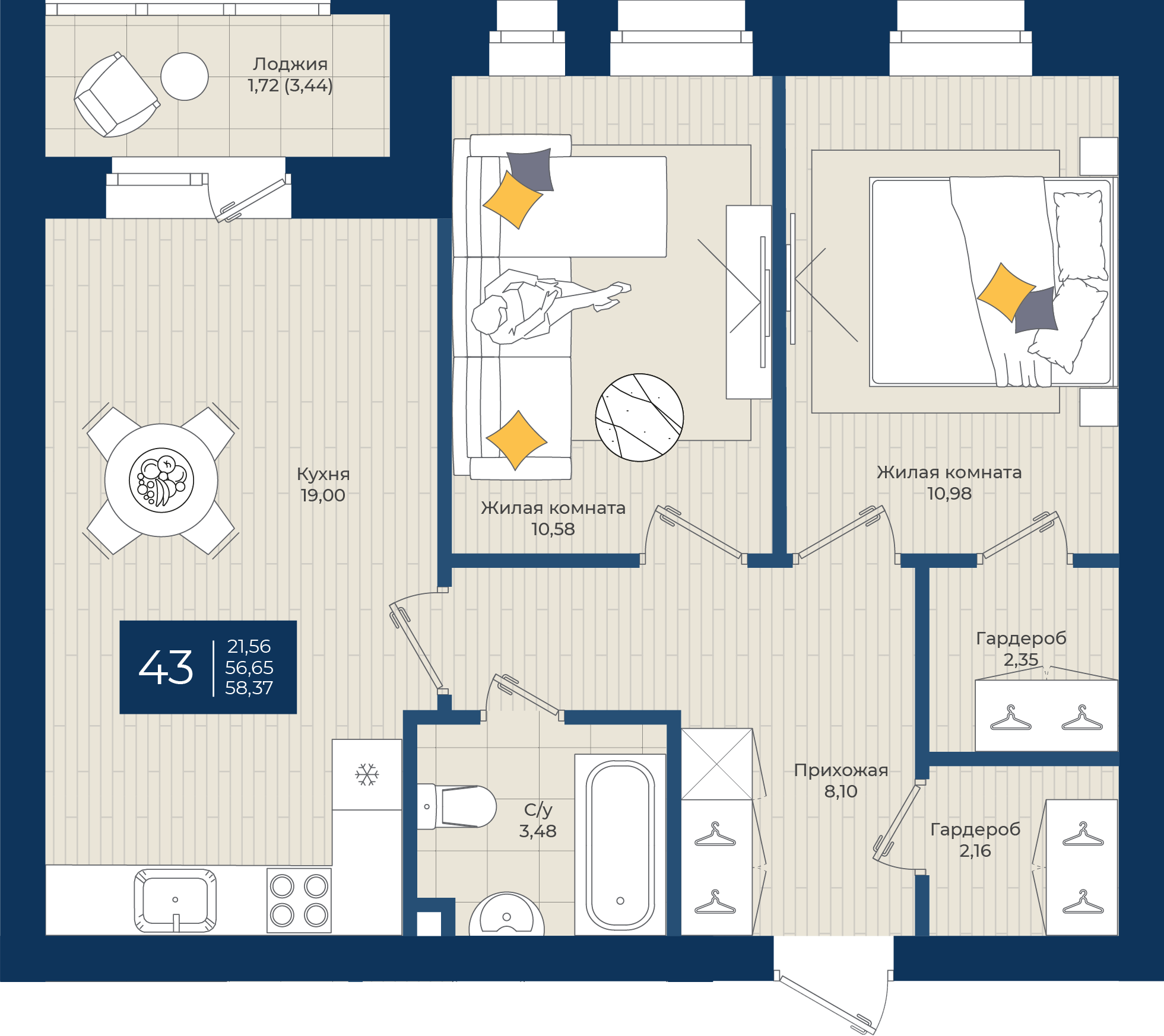 2-комнатная 58 м2 в ЖК Чехова корпус null этаж 4