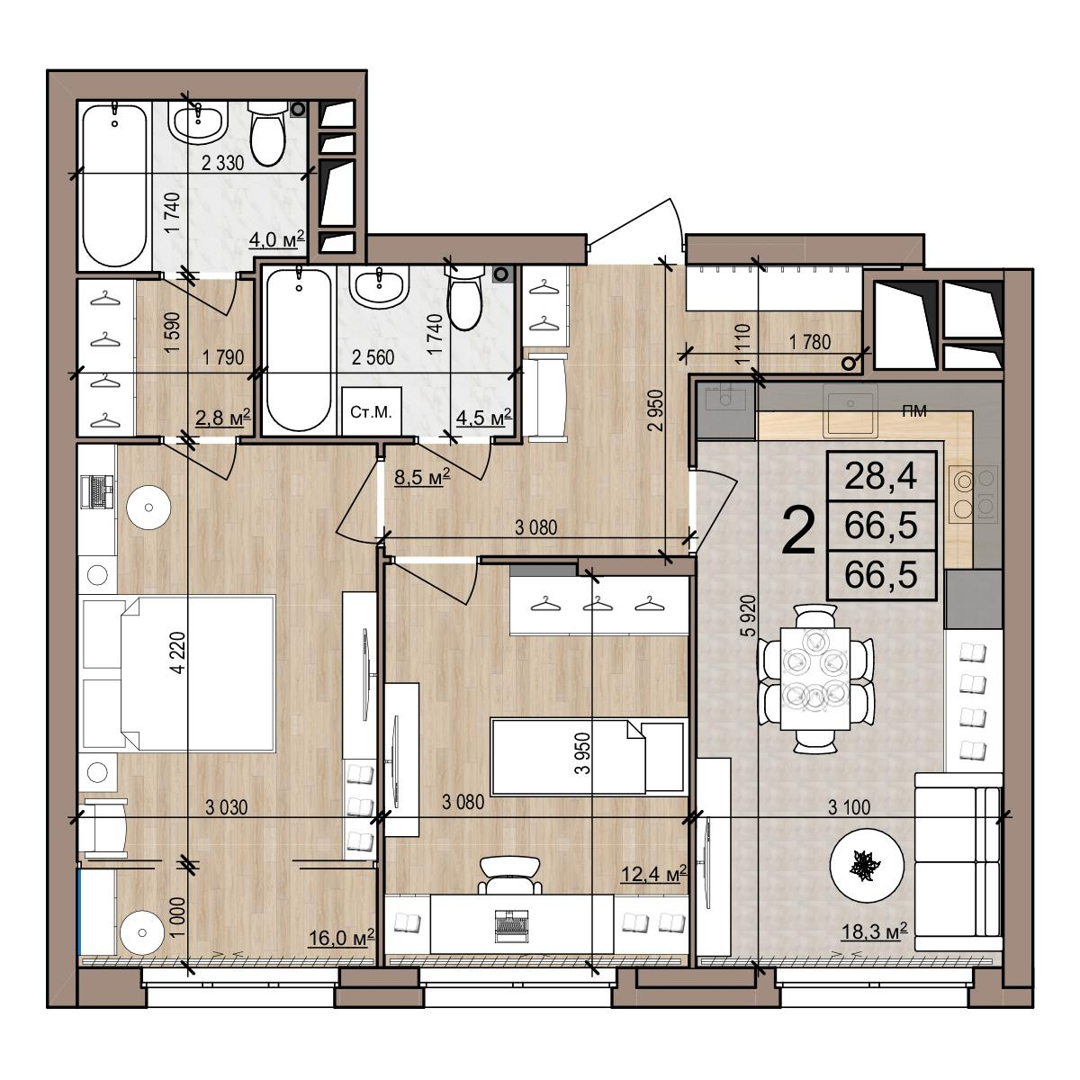 2-комнатная 66 м2 в ЖК Полярная звезда корпус null этаж 15